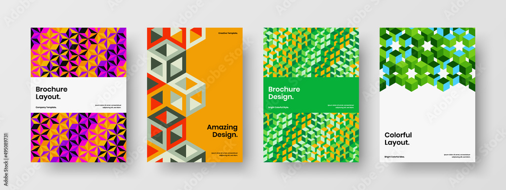 Simple booklet design vector layout set. Fresh mosaic pattern front page template bundle.