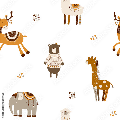 Seamless pattern with cute animals. Drawn by hand. Doodle cartoon animals for children's posters, postcards, children's t-shirts. Vector illustration. Bear, giraffe, llama, deer, elephant.
