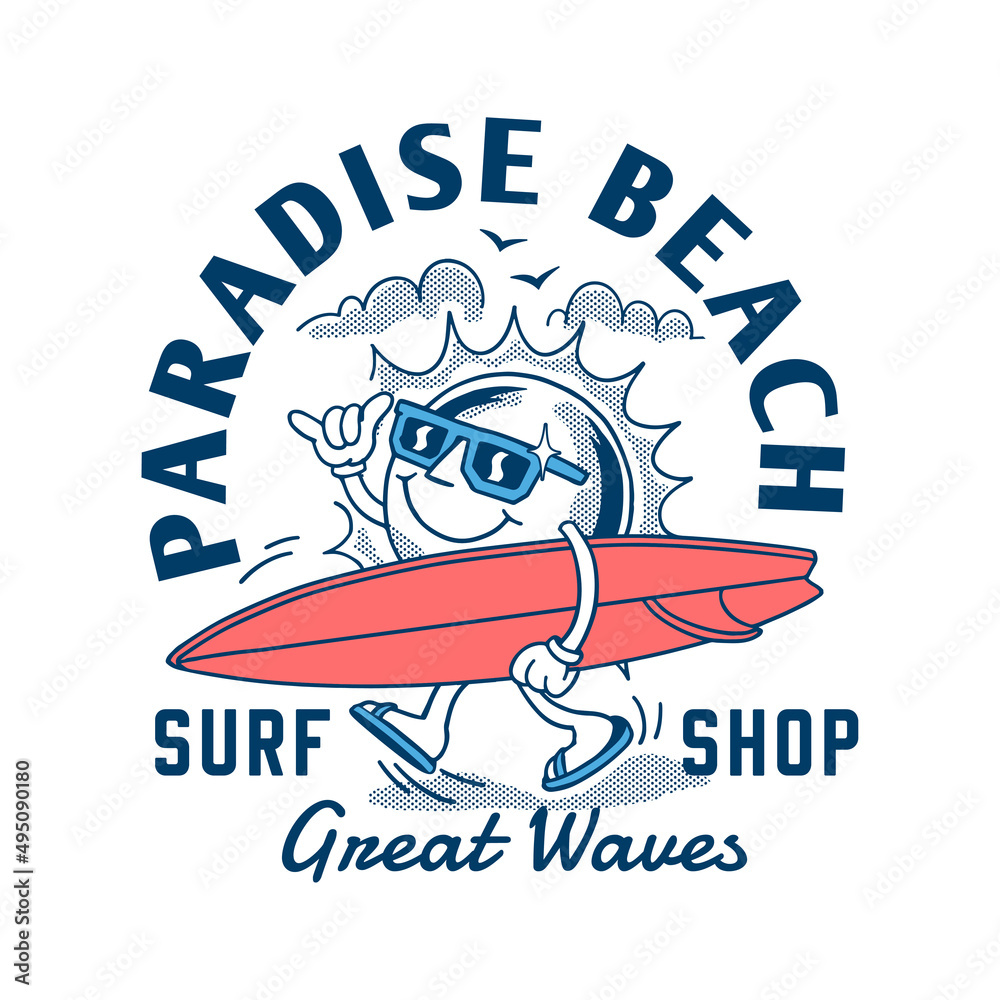 A cartoon sun character walking with a surfboard. Vector design for t-shirt prints, posters and other uses.