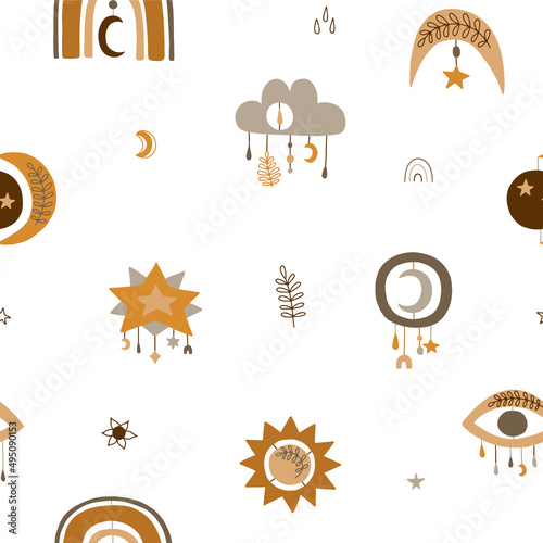 Seamless pattern with cute planet, moon, cloud, rainbow, star for nursery decoration. Doodle. Perfect for baby shower, birthday, baby party, clothing prints, greeting cards