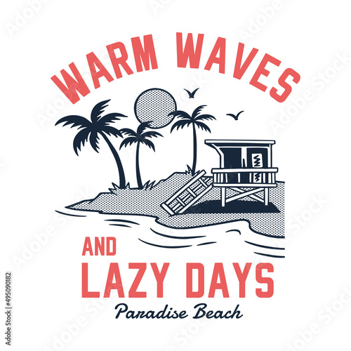 Vector surfing print with a beach view illustration. For t-shirt prints and other uses. Warm waves and lazy days