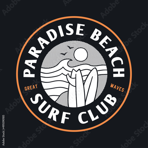 Vector surfing badge with surfboards and beach view illustrations. For t-shirt prints and other uses.