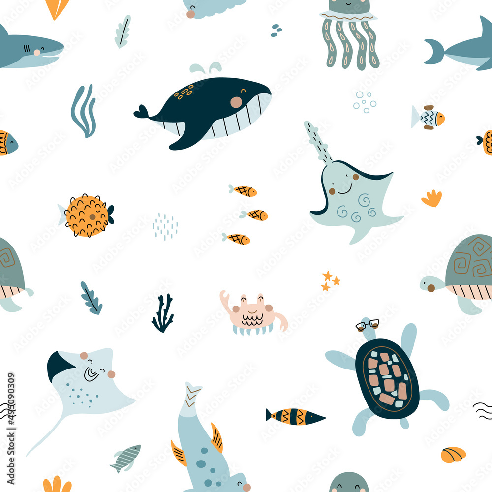 Obraz premium Seamless pattern with hand drawn sea life elements. Vector doodle cartoon set of marine life objects for your design.