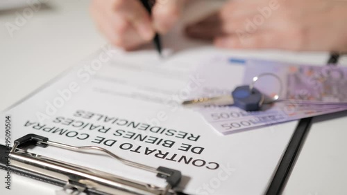 real estate purchase and sale agreement in Spanish-speaking languages. Female or male hand signs deal documents. Realtor's office. The deal took place, dollars and the key to house or apartment.