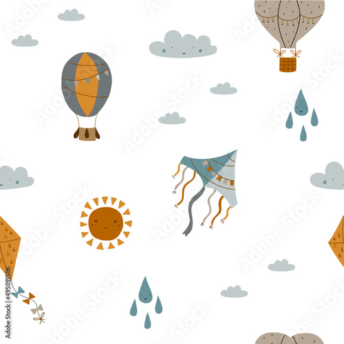 Air transport seamless pattern  hot air balloon and kite on a white background.