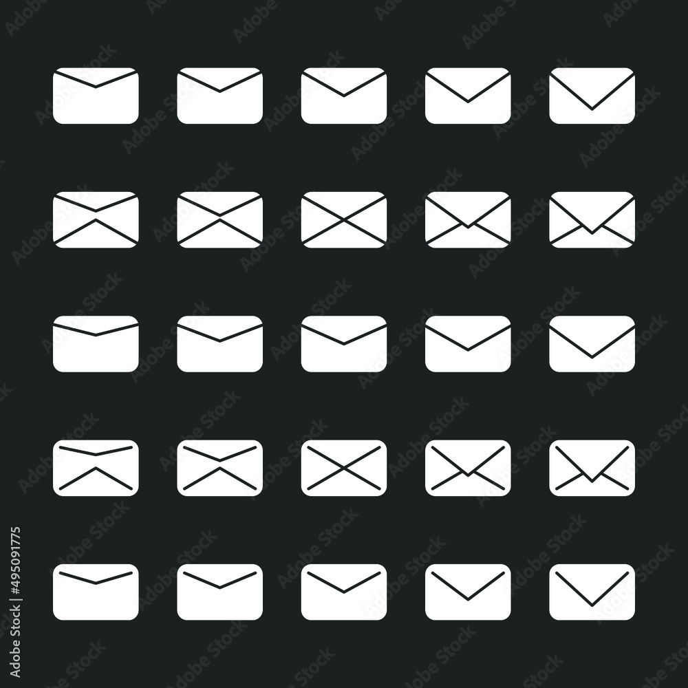 Set of email icon in isolated white color in black background Set of email icon in isolated white color in black background