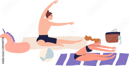 Couple Practicing Yoga on Summer Beach Cartoon Illustration