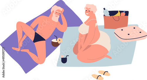 Senior Couple on Summer Beach Cartoon Illustration