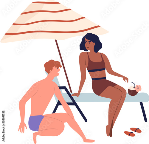 Young Couple on Summer Beach Cartoon Illustration