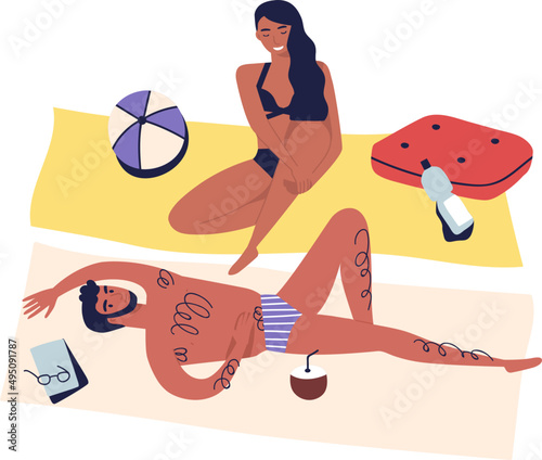 Couple Sunbathing on Summer Beach Cartoon Illustration