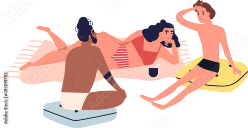 Family Sunbathing on Summer Beach Cartoon Illustration