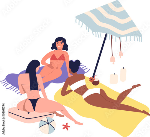 Girl Friends Sunbathing on Summer Beach Cartoon Illustration