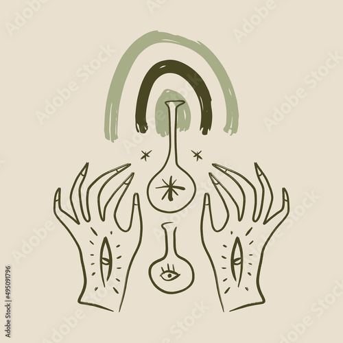 Magic alchemy green hand herbalist green witch vector illustration