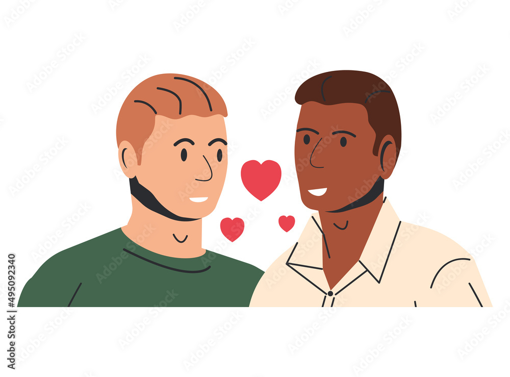 Multiethnic Gay Man Couple Isolated. Young Homosexual Couple Hugging Holding Hands. Two LGBT Male People Embrace and Looking Each Other. LGBT Pride, Gender Identity. Cartoon Flat Vector Illustration Multiethnic Gay Man Couple Isolated. Young Homosexual Couple Hugging Holding Hands. Two LGBT Male People Embrace and Looking Each Other. LGBT Pride, Gender Identity. Cartoon Flat Vector Illustration