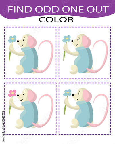 Find odd one out - game for kids to study colors,  develop attention and logic. Printable worksheet. Educational game for children, kids preschool age.