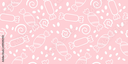 Candy outlines on a pink background, vector seamless pattern, hand-drawn