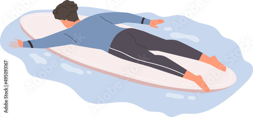 Male Surfer Lying on Surfboard and Swimming Cartoon Illustration