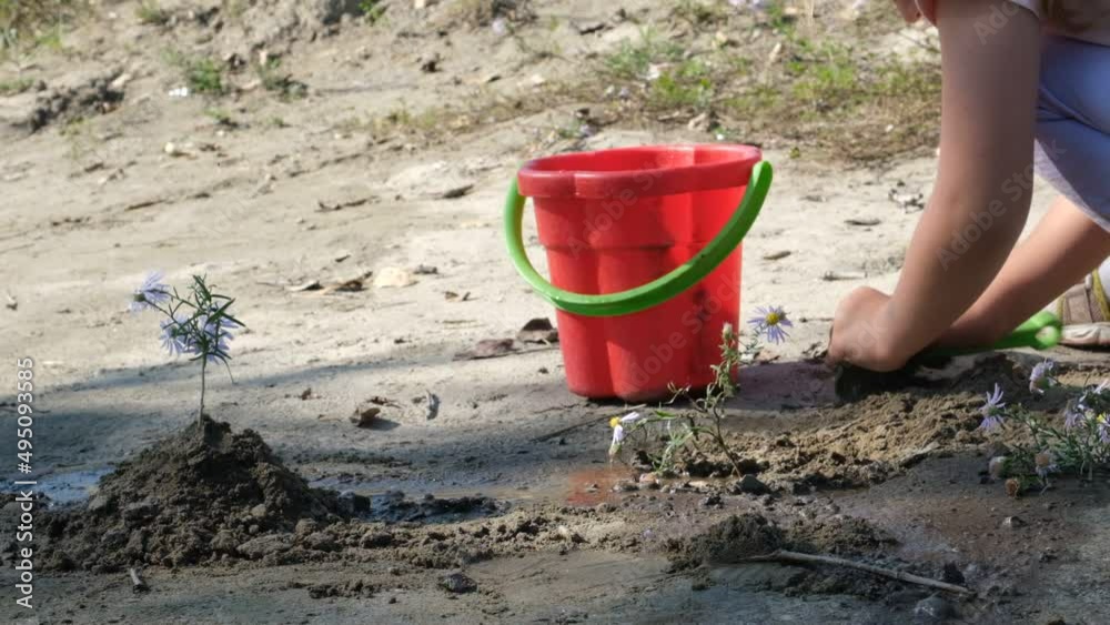 Child playing with fun on the beach with toys and flowers. Summer time outdoors Child playing with fun on the beach with toys and flowers. Summer time outdoors