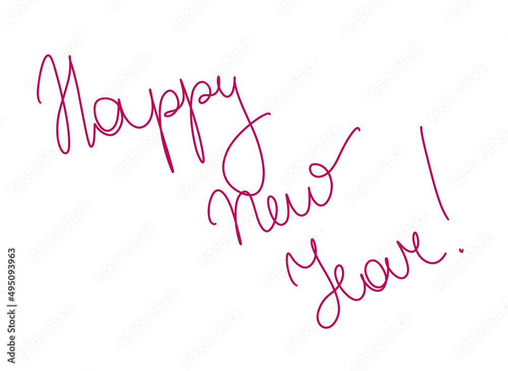 Beautifull lettering with the New Year greeting, handwritten red letters on the white background. Holiday greeting card.