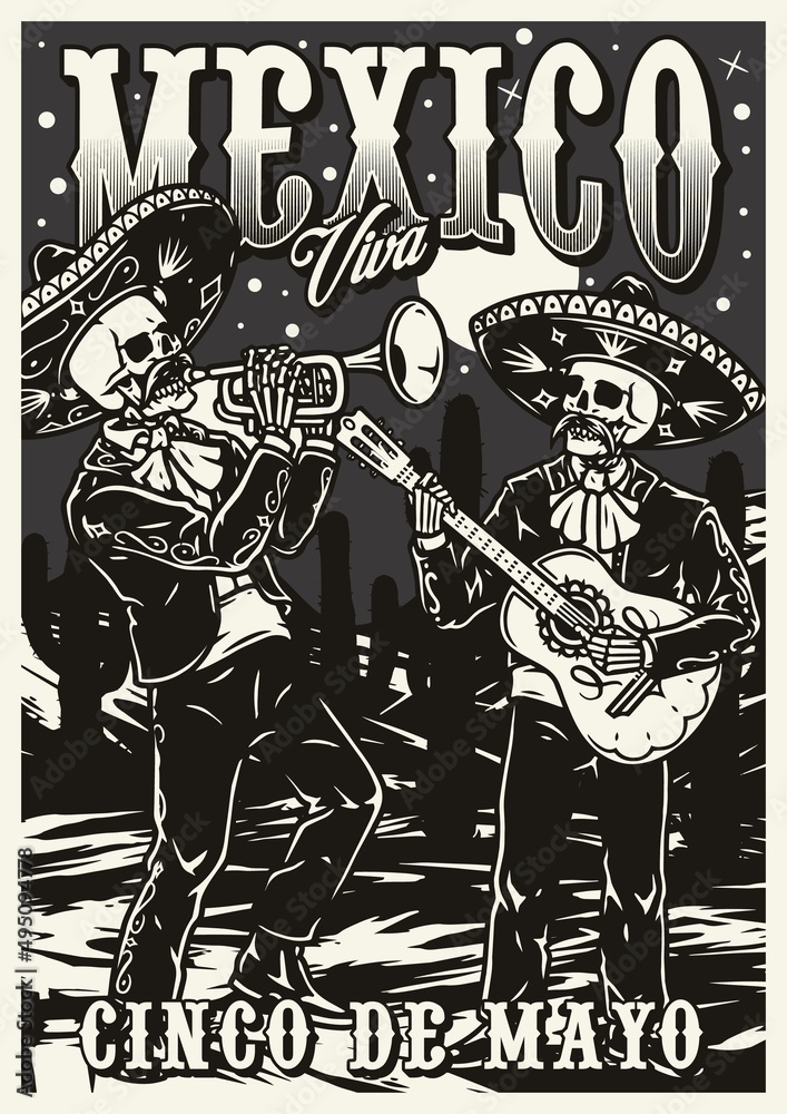 Mexican mariachi musicians monochrome poster