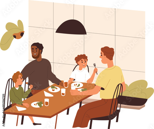 Happy Family Eating in Cafe Together Cartoon Illustration