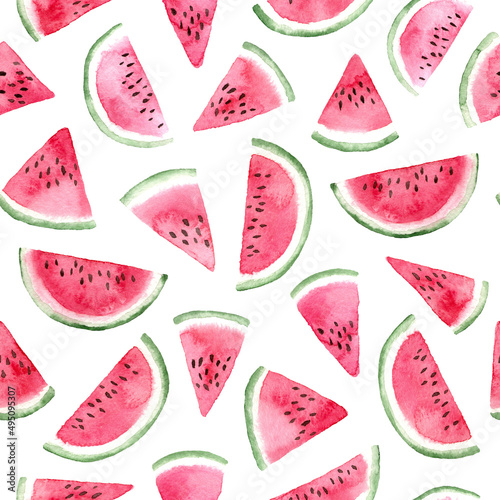 Fototapeta Naklejka Na Ścianę i Meble -  watercolor slices of watermelon. seamless pattern on a white background