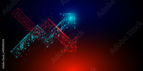 Stock and investment concept. A low polygon with a wireframe of the upper arrow cross lower arrow red and blue background. Burish market, profit of wealth. Losing money and cash. .
