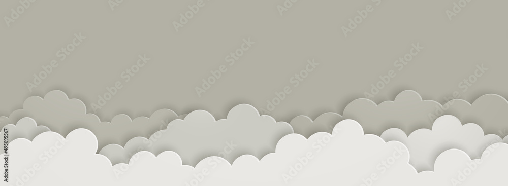 Gray clouds on gray sky background paper cut style