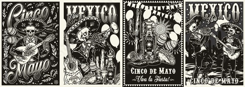 Monochrome posters set with mariachi skeletons