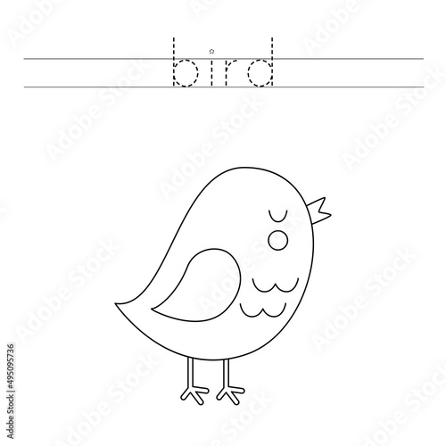 Trace the letters and color cute bird. Handwriting practice for kids.