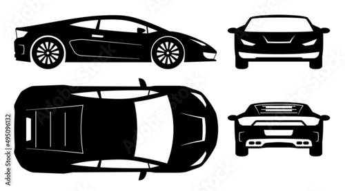 Racing sports car silhouette on white background. Vehicle icons set view from side, front, back, and top