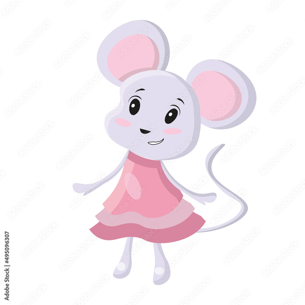 Cute smiling mouse in pink dress, kawaii flat illustration in pastel colors. Unique mouse character suitable for baby products. Cute smiling mouse in pink dress, kawaii flat illustration in pastel colors. Unique mouse character suitable for baby products.