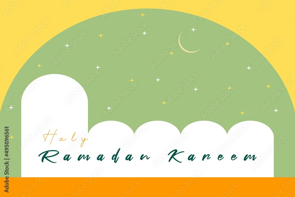 Holy Ramadan Kareem typography on mosque symbol vector illustration. Moon and Stars background conceptual vector design. Islamic Concept vector design. Holy Ramadan Kareem typography on mosque symbol vector illustration. Moon and Stars background conceptual vector design. Islamic Concept vector design.