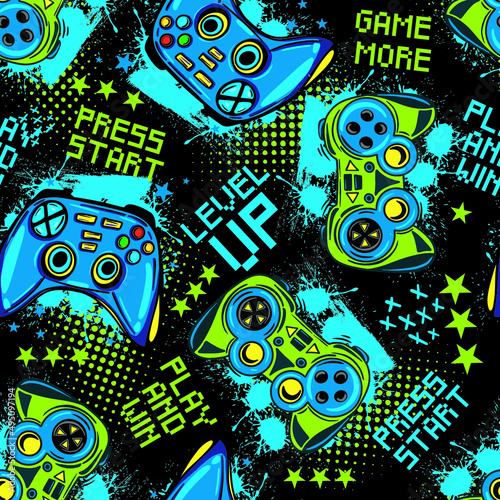 Abstract Seamless graffiti pattern with joystick. Gamer elements for boy t-shirt design. Repeat print with gamepad sign for boys textile and more
