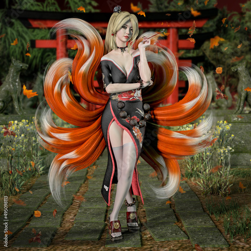 Kitsune Girl Nine-Tailed Fox Demon in Kimono Smoking Pipe Japan 3D Graphic Illustration photo