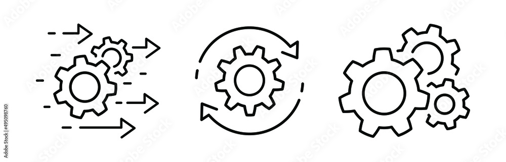 Process management icon set, optimization operation, transmission gear wheel with arrow Agile process thin line icons in flat style Technology sign, engine symbol isolated on white Vector illustration - obrazy, fototapety, plakaty 