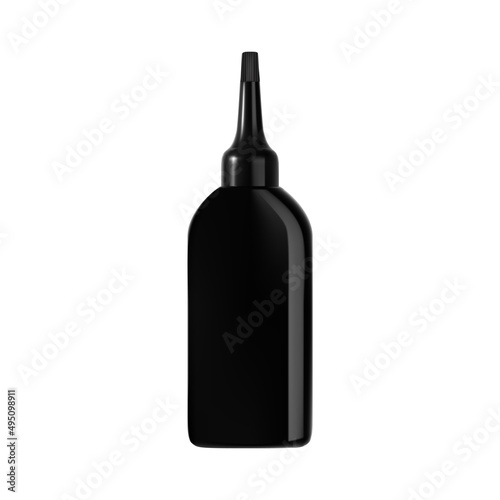 Hair dye bottle, hair color product mockup. Black plastic dropper container for professionalhair color dyeing, salon beauty products for hairdressing. Liquid glue tube illustration pack