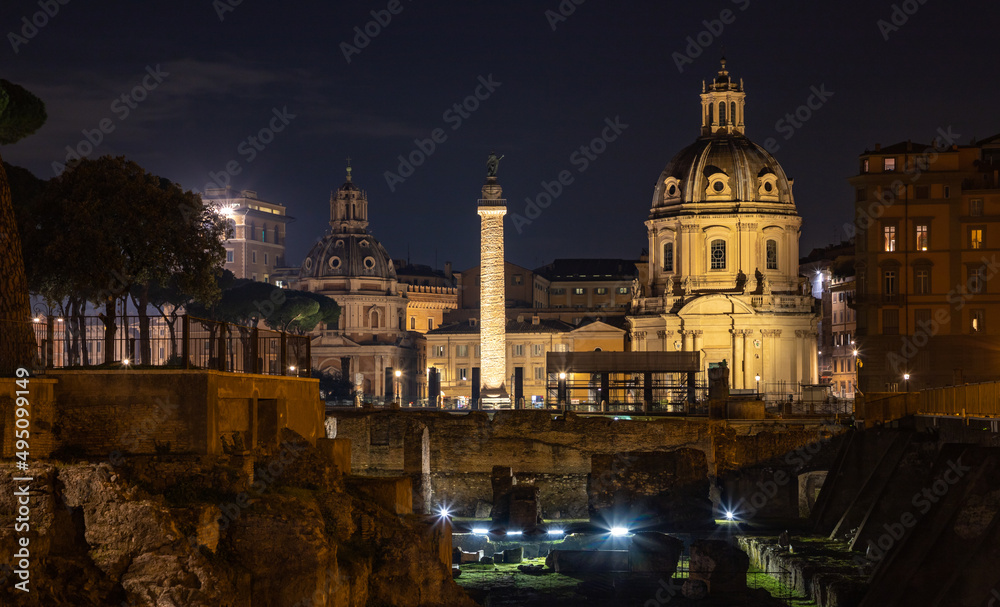 Trajan's Column, Church of Saint Mary of Loreto and Church of the Most Holy Name of Mary at the Trajan Forum at Night