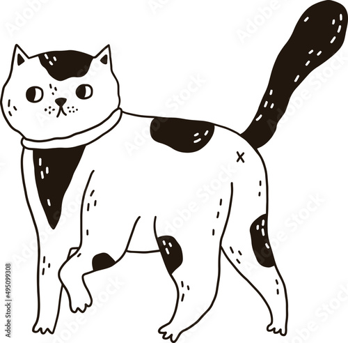 Cute Cat Walking Contour Monochrome Illustration