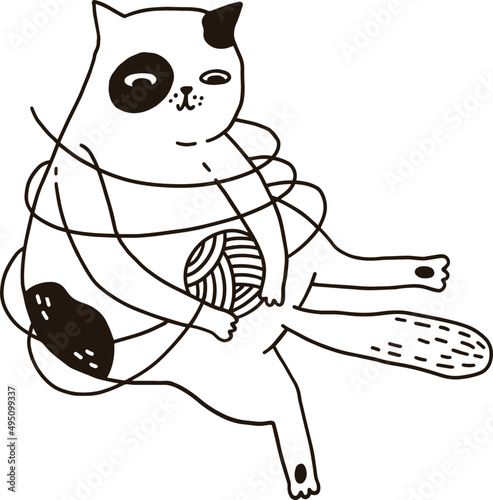 Funny Cat Playing Contour Monochrome Illustration