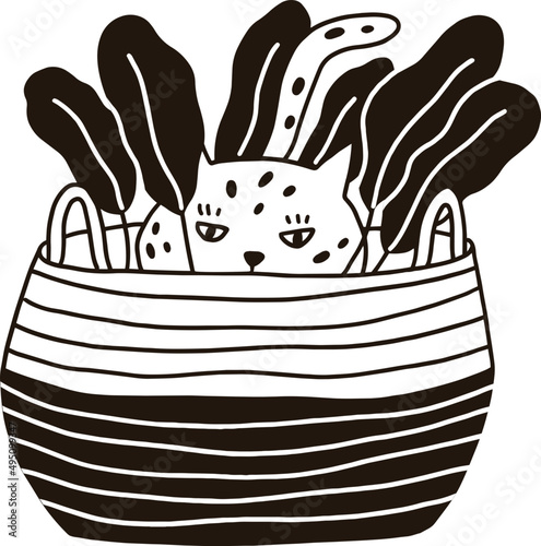 Cute Funny Cat Hiding in Wicker Basket Contour Monochrome Illustration