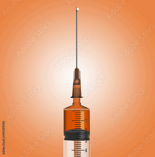 syringe with drop and orange liquid
