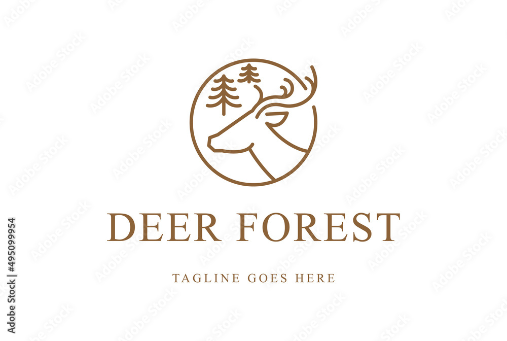 Simple Minimalist Deer Head with Pine Evergreen Conifer Cedar Fir Larch Tree Forest for Outdoor Adventure Logo Design Vector