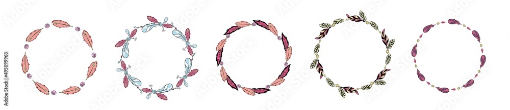Set of round frames with a boho arrows with different tips and plumage. Vector doodle element for invitations