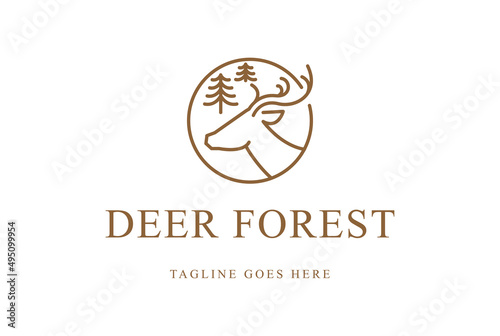 Simple Minimalist Deer Head with Pine Evergreen Conifer Cedar Fir Larch Tree Forest for Outdoor Adventure Logo Design Vector © AFstudio87
