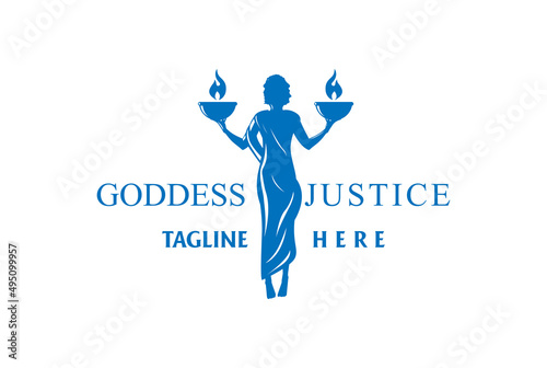 Greek Woman Goddess with Fire Scale Libra for Justice Law Logo Design Vector