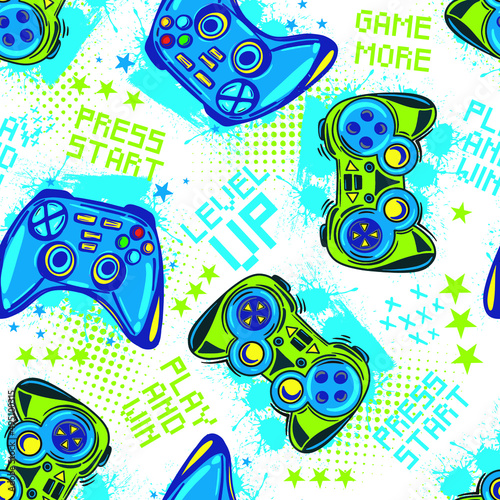 Abstract Seamless hand drawn pattern with joystick. Gamer elements for boy t-shirt design. Repeat print with gamepad sign for boys textile and more
