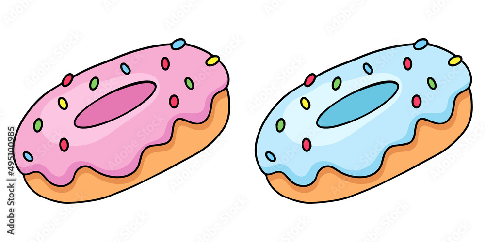 Cartoon donuts with shadow, pink and blue, vector design element in the style of a doodle, hand-drawn, isolated on a white background Cartoon donuts with shadow, pink and blue, vector design element in the style of a doodle, hand-drawn, isolated on a white background