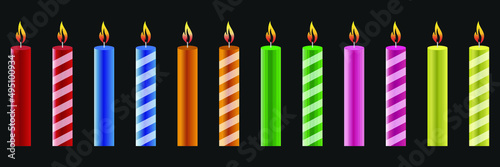 Vector set of plain and striped candles of various colors
