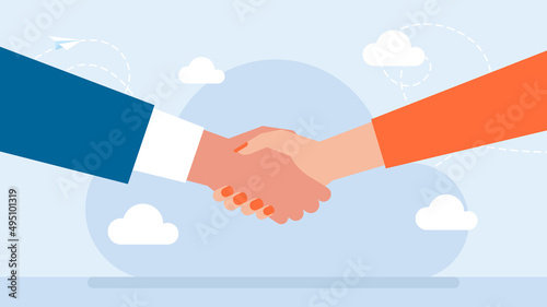 Handshake men and women. Hand shaking meeting agreement. Handshake of business people partners businessmen and businesswomen. Women's and men's hands. Vector flat style illustration. 